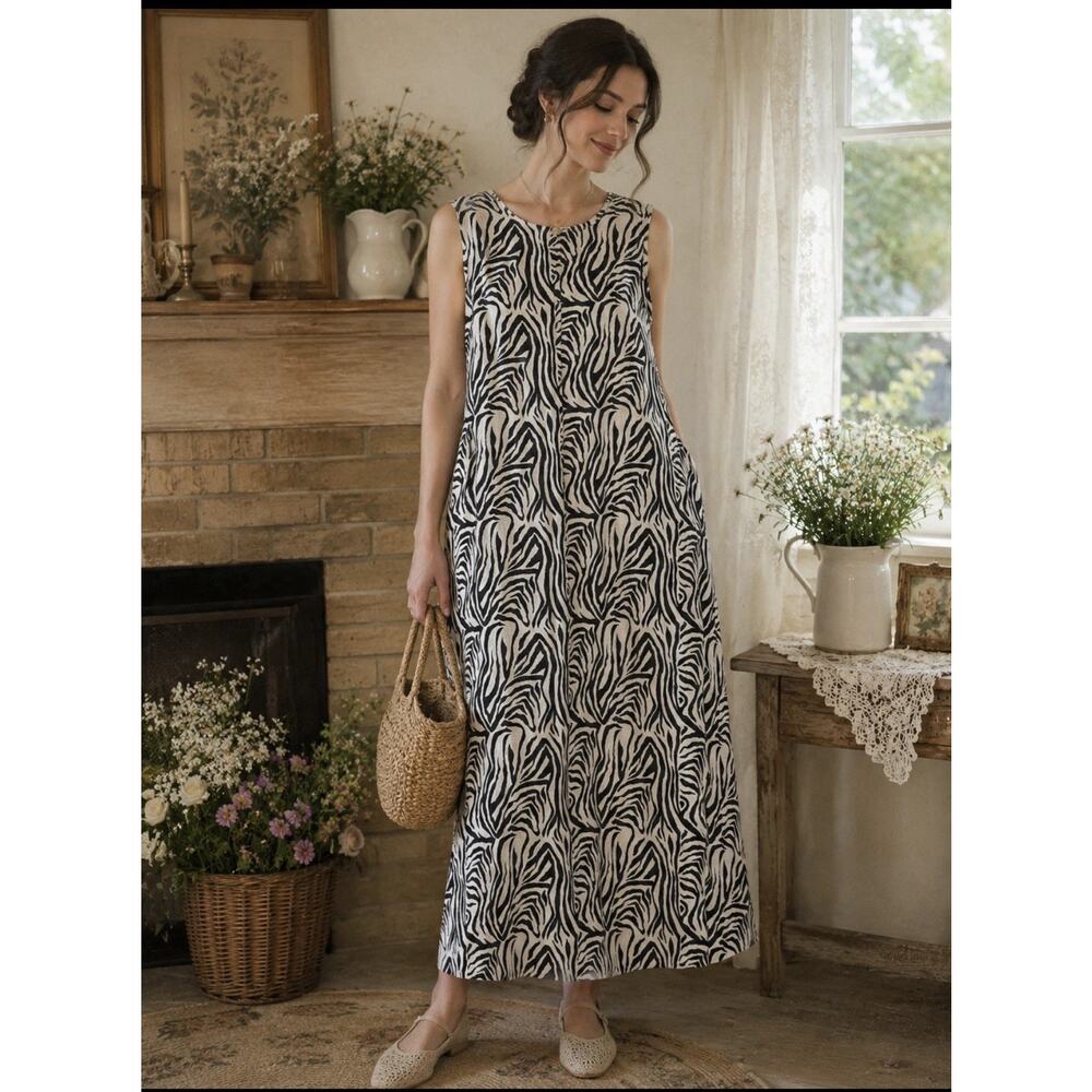 Vtg Studio Ease Linen Maxi Dress Animal Print Grunge Cottagecore Boho 18W Modest
